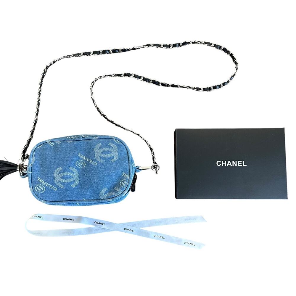 Chanel Beaute Denim Cosmetic Bag + Crossbody Chain Box Ribbon Limited VIP Gift